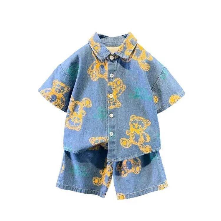 Denim Short Sleeve Shirt Outfit Trendy Handsome Clothes Boys Denim two piece for boys - Velora