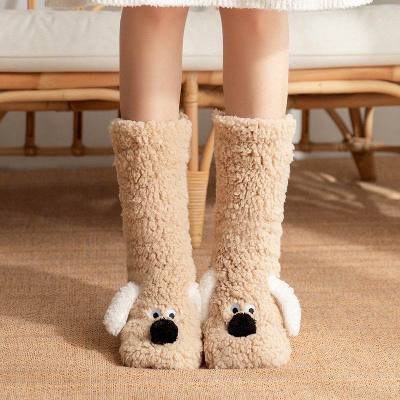 Cute Cartoon Dog Floor Socks Winter Warm Non-slip Plush Socks For Women - Velora