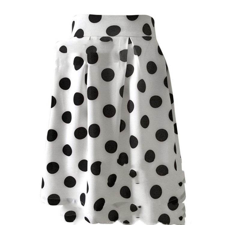 White Polka dot High Waist A-line Pleated Midi Skirt for office work - Velora