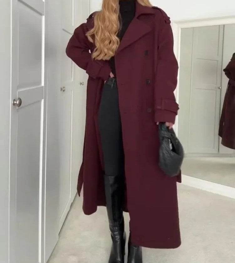 Fashion Lapel Woolen Coat With Belt Winter Double-breasted Trench Long Jacket For Women Clothing - Velora