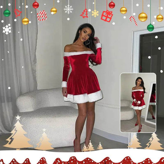 Women's Christmas Costume Santa Dress Plush Trim Boat-Neck Off-Shoulder Sleeve Dress New Year Party Cosplay Costume - Velora