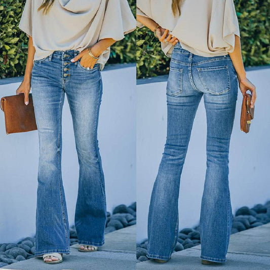 High Waist Bell Bottom Jeans Trendy Wear Washed Out Street Style Women's Denim Pants - Velora
