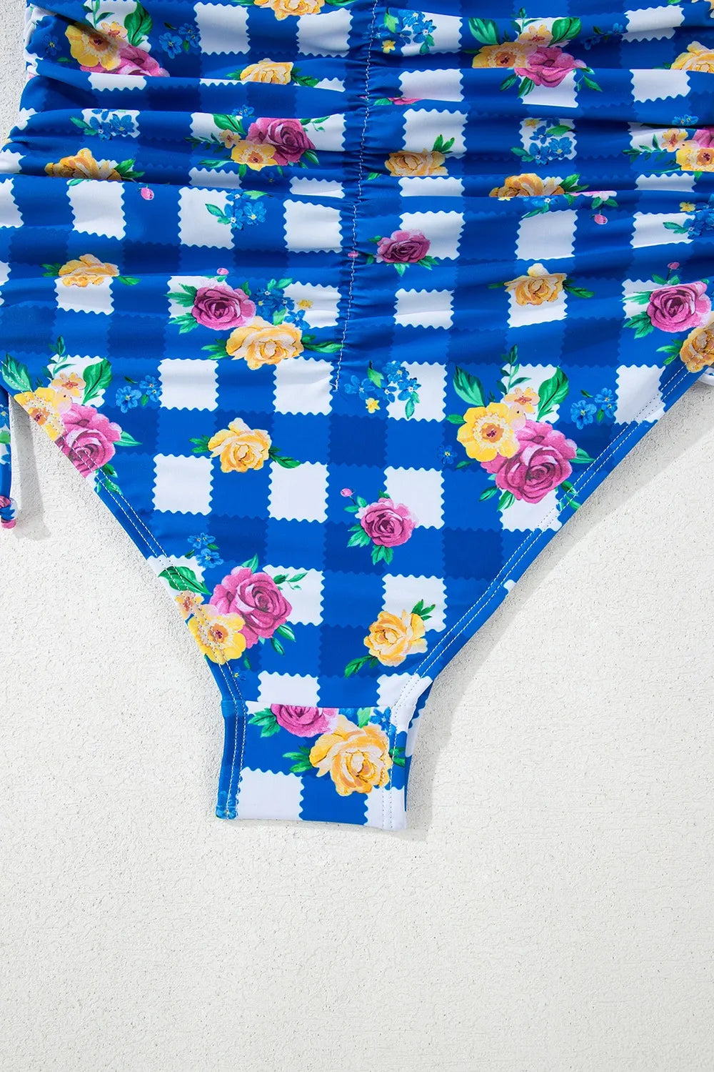 Floral Gingham Halter Neck Drawstring One Piece Swimwear - Velora