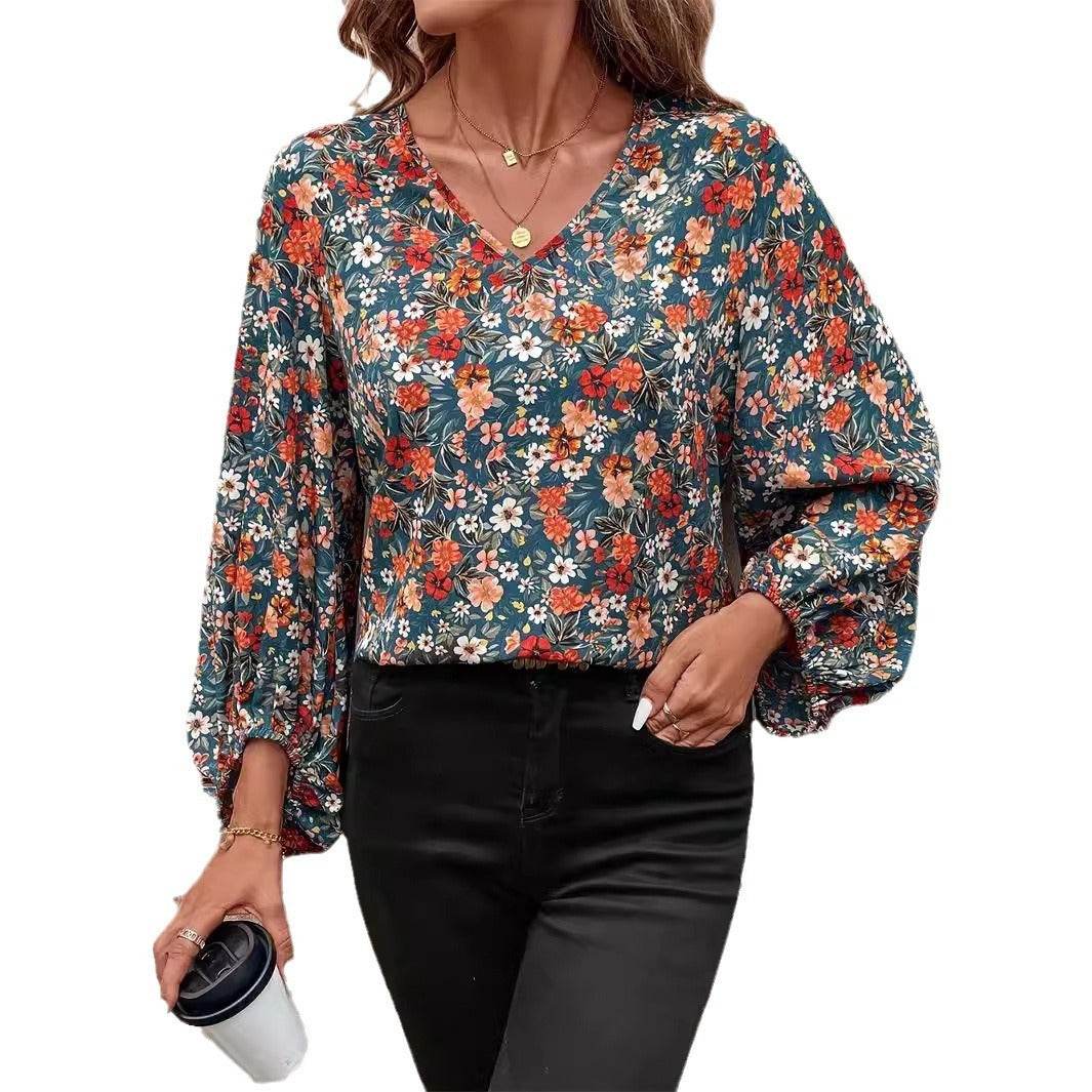 Women's V-neck Lantern Long Sleeve Shirt Autumn casual blouse top - Velora