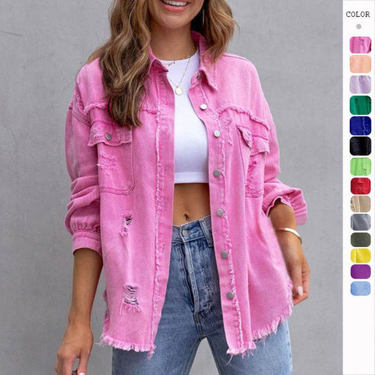 Fashion Ripped Shirt Jacket Female Autumn And Spring Casual Tops Womens Clothing - Velora