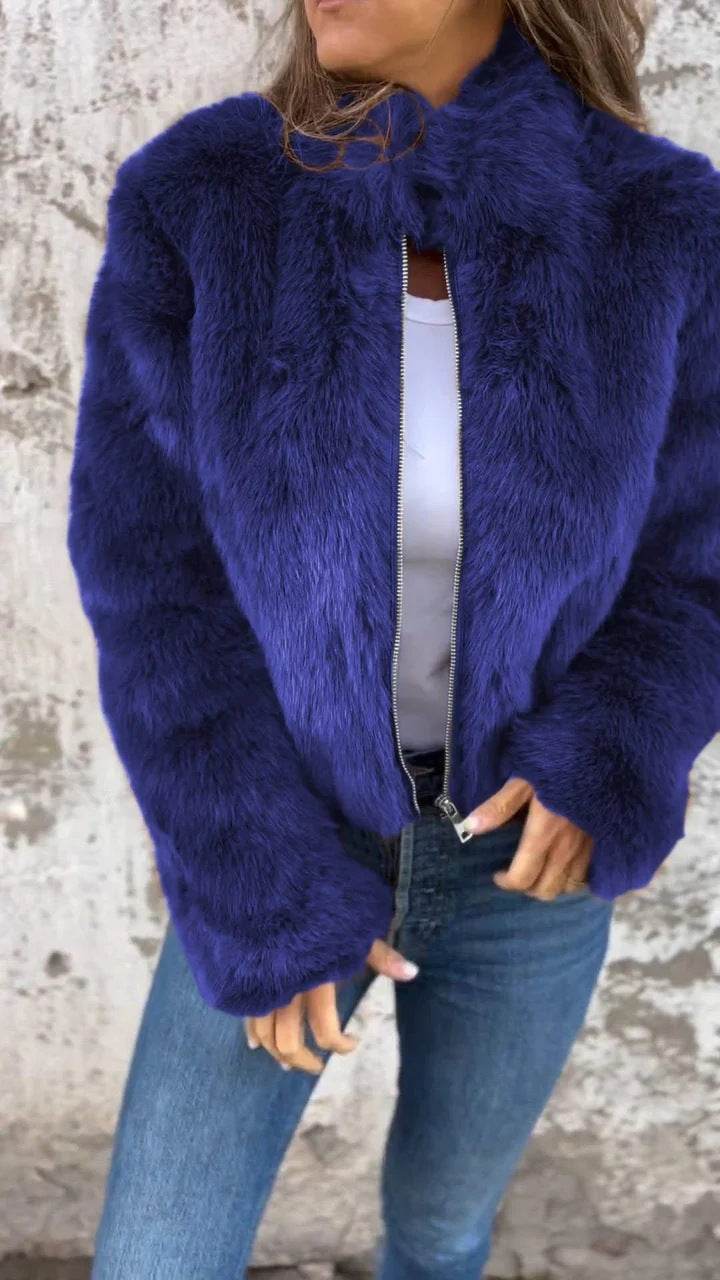 Fashion Stand Collar Plush Jacket Winter Casual Turtleneck Zipper Coat Fleece Tops Women's Clothing - Velora
