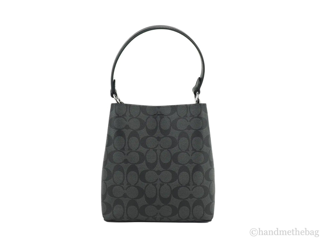 Coach Small Graphite/Black Signature Coated Canvas Convertible Town Bucket Handbag