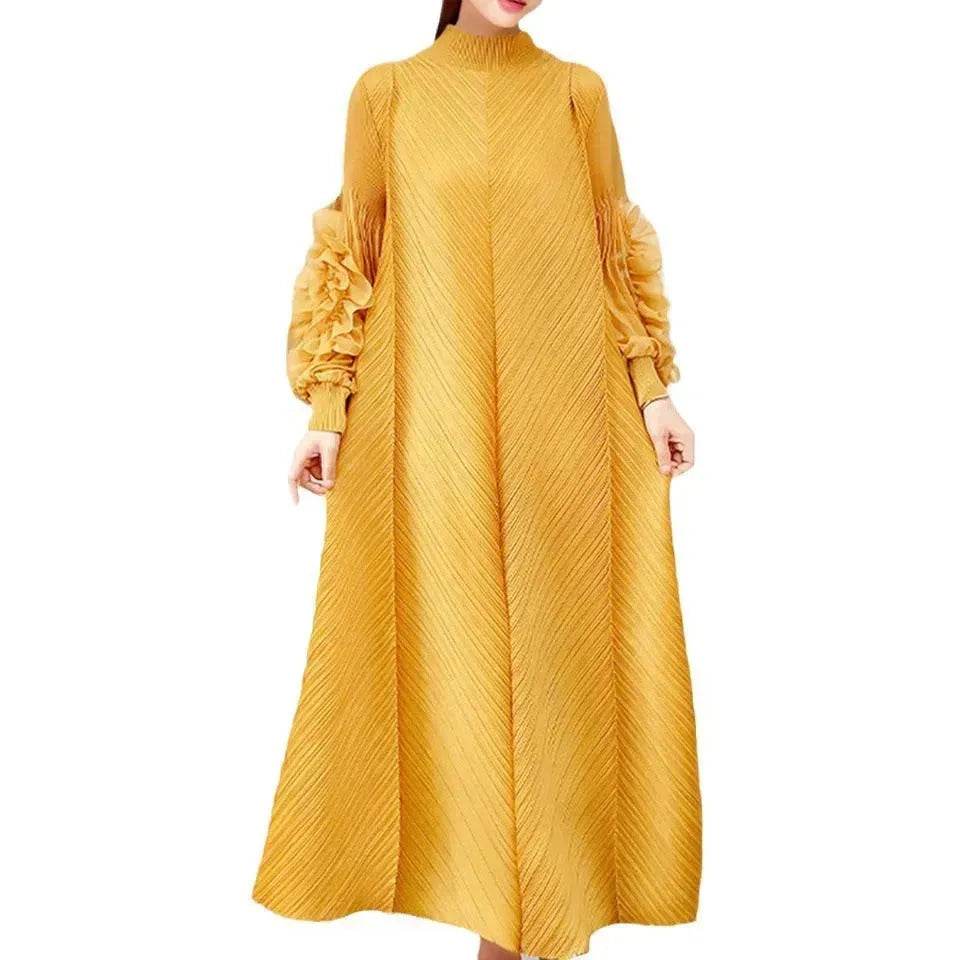 Middle East Plate Flower Loose Plus Size Pleated Extended Dress Oganza Long Sleeve Maxi Dress for Occasional events - Velora