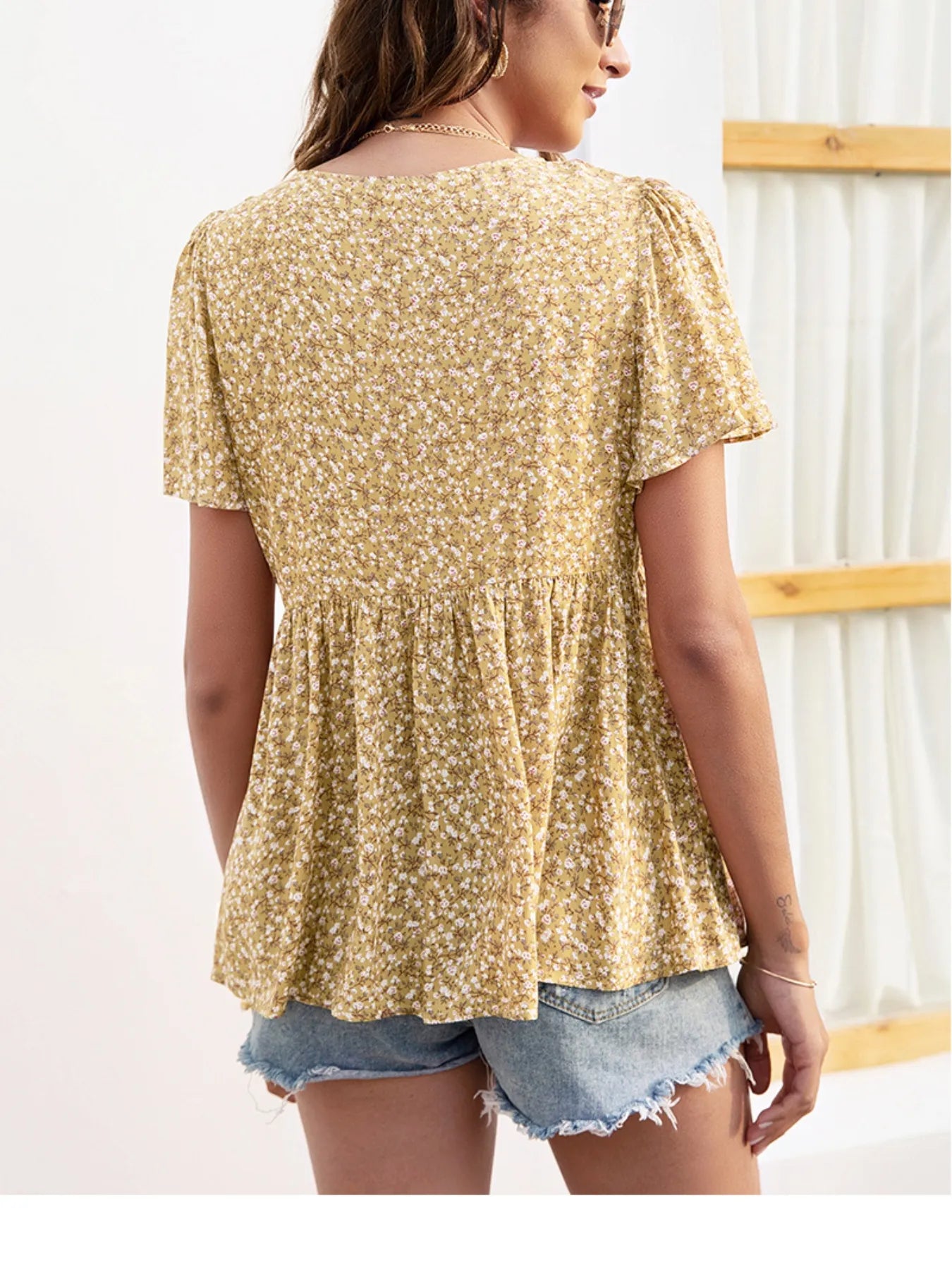 Floral Print V-neck Flutter Sleeve Babydoll Blouse - Velora