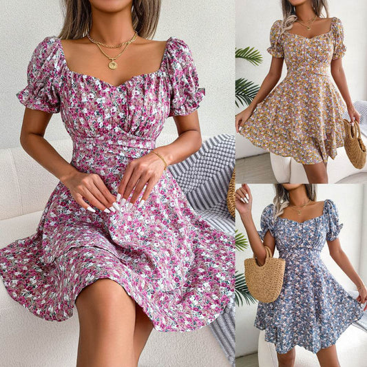 Women Mini Dress Temperament Big Swing Loose Hem Flower Print Shirring Dress Up Short Sleeves High Waist Summer Dress Clothes - Velora