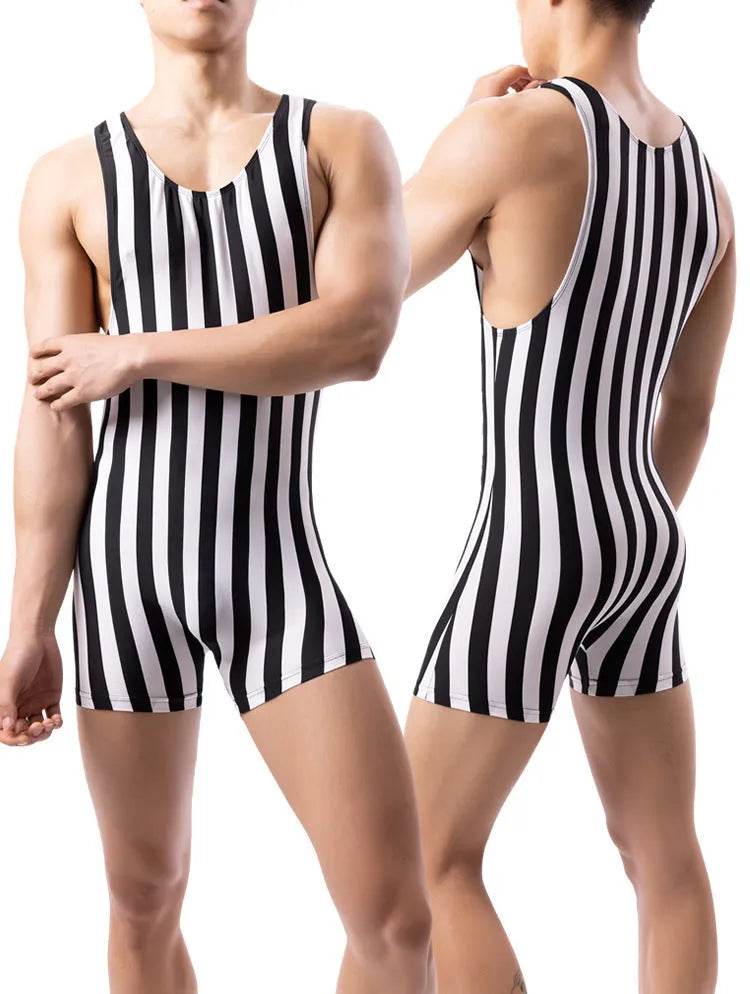 New Vertical Striped Pajamas Sports Swimming Brief Bodysuit for men - Velora