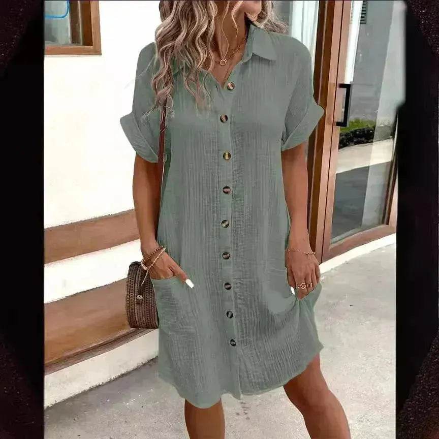 Womens Button Down Shirt Dress Summer Cotton Linen Dress V-Neck Mini Dress Casual Short Sleeve Loose Tunic Dresses - Velora