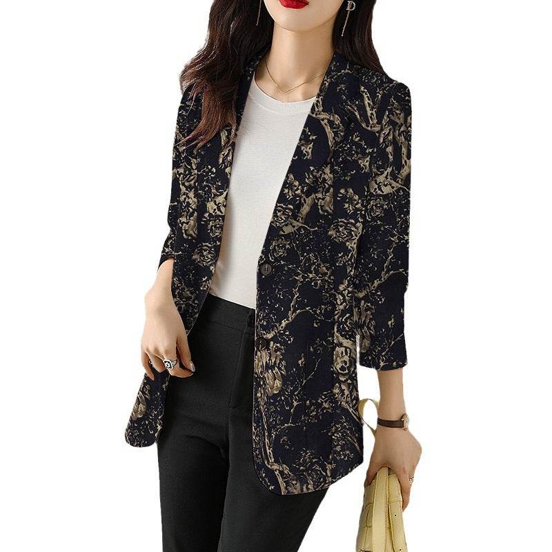 Women's Button Printed Long-sleeved Pocket Vintage Cotton And Linen jacket Blazer - Velora