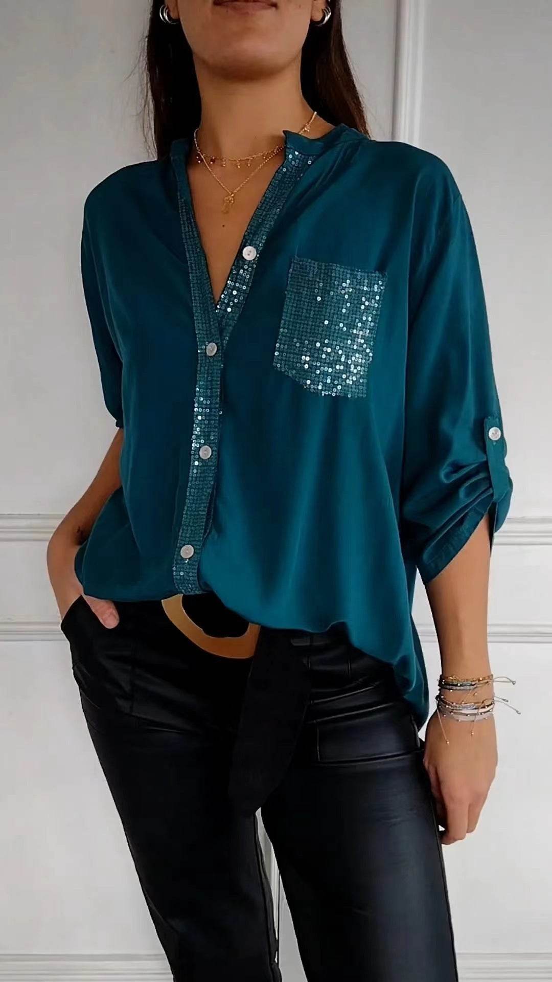 Casual Button-down Long Sleeve Shirt With Sequin Pocket Design Fashion Commuter Top Women Clothing - Velora