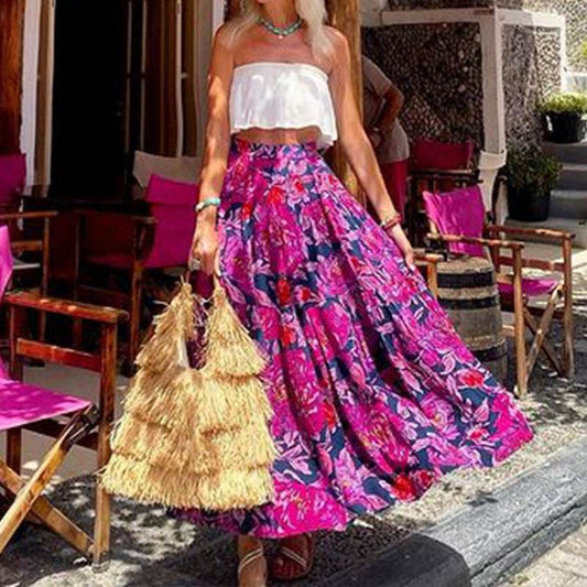 Spring Summer Fashionable Printed Bohemian High Waist floral Circle maxi Skirt - Velora