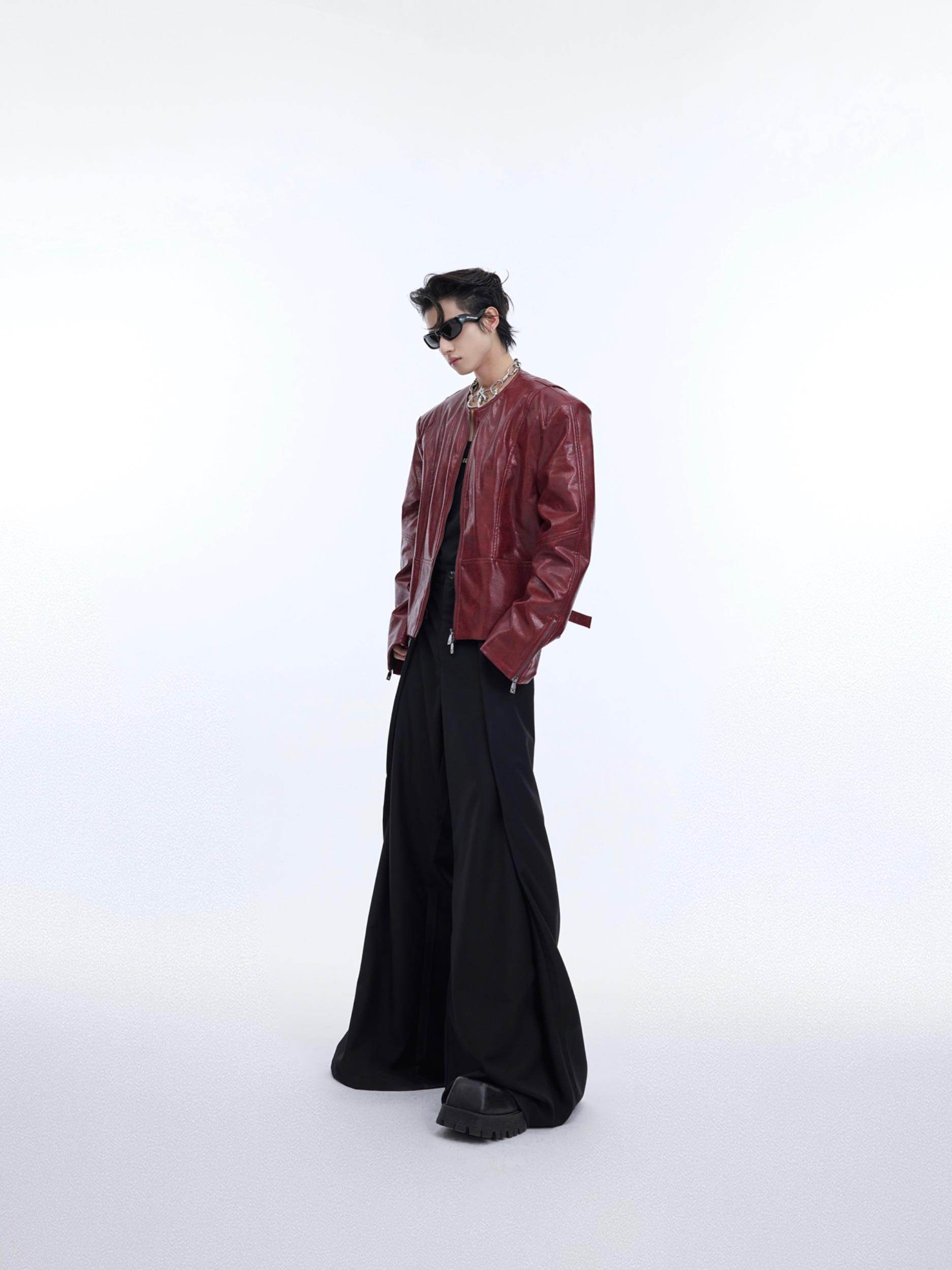 Texture Sense Padded Shoulder Leather Coat Men - Velora
