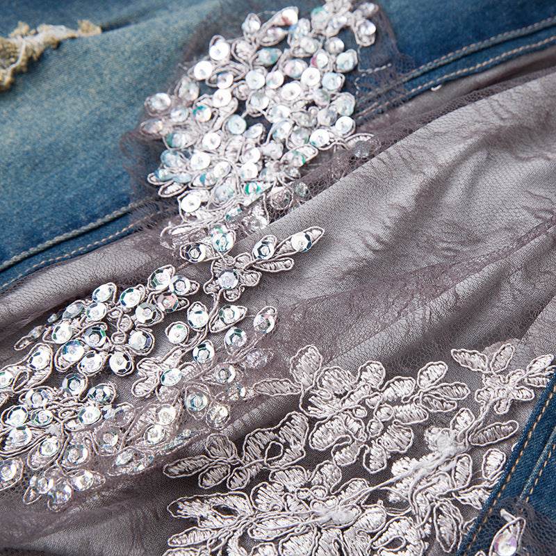 Embroidered Lace Denim Midi Jumper Dress European and American Style - Velora