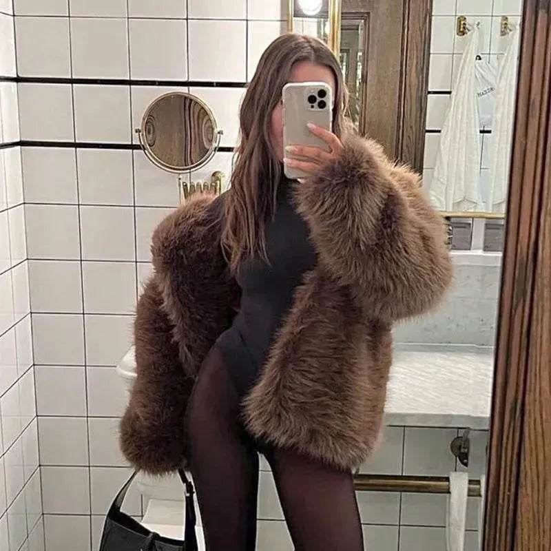 Classy Fashionable Winter Plain Huge Faux Fur Coat for Ladies - Velora