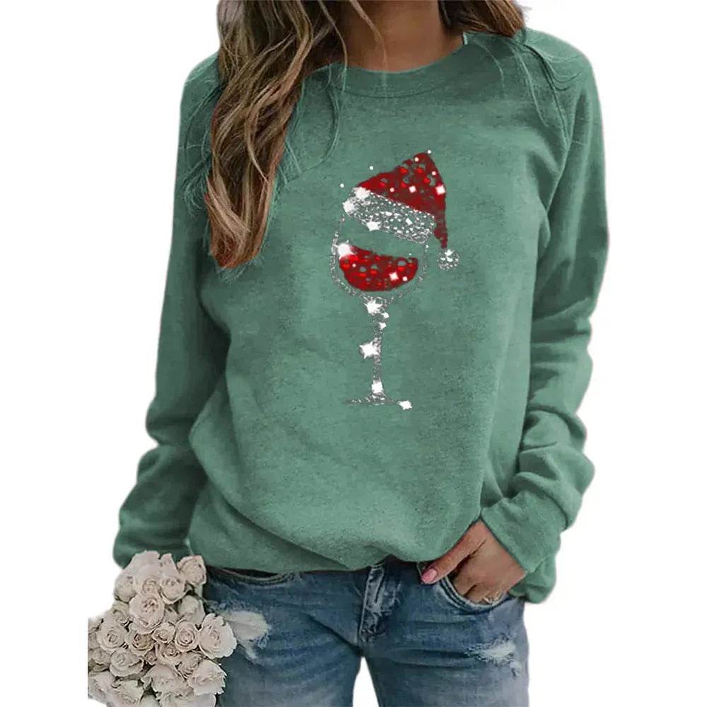 Clothing Christmas Women's Sweater Christmas Hat Red Wine Glass Graphic Print Crew Neck Long-sleeved Sweater - Velora