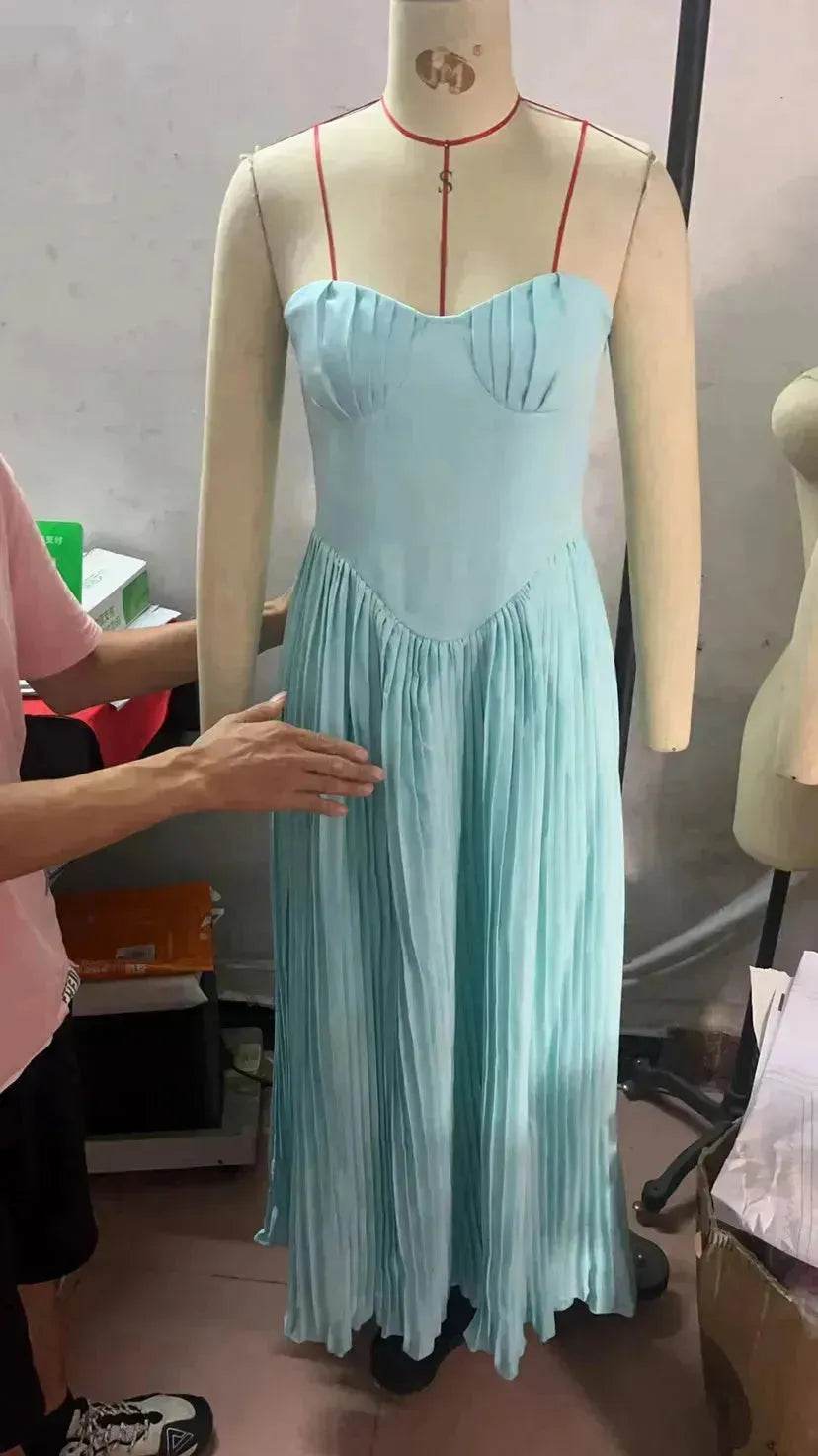 Luxury Blue Strapless Slimming Pleated Long Dress Elegant Tube Dress for Wedding Cocktail Evening Party Events. - Velora