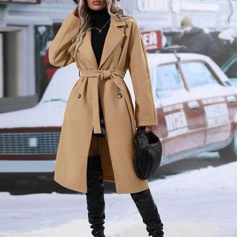 Lapel Double-breasted Trench Coat With Belt Winter Fashion Solid Color Long Jacket Outwear Women Clothing - Velora