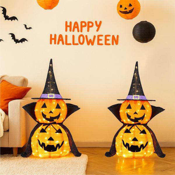 2Packs 3FT Halloween Collapsible Lighted Pumpkin Decoration, 176 LED Pop-Up Pumpkin Lamp With Cape, Plug In Halloween Jack-O-Lantern With Metal Stand For Indoor Outdoor Garden Patio Party Decor - Velora