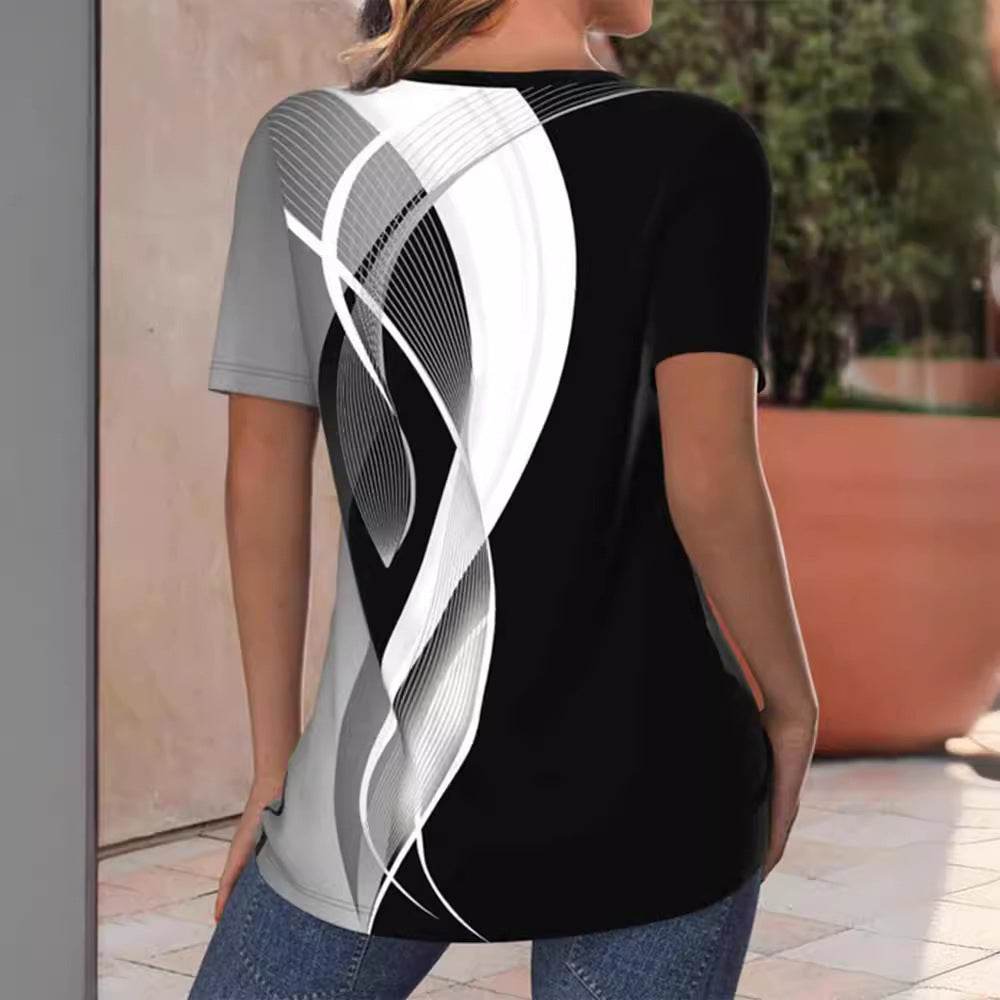 Fashion Printed V-neck Short-sleeved tunic Top For Women - Velora