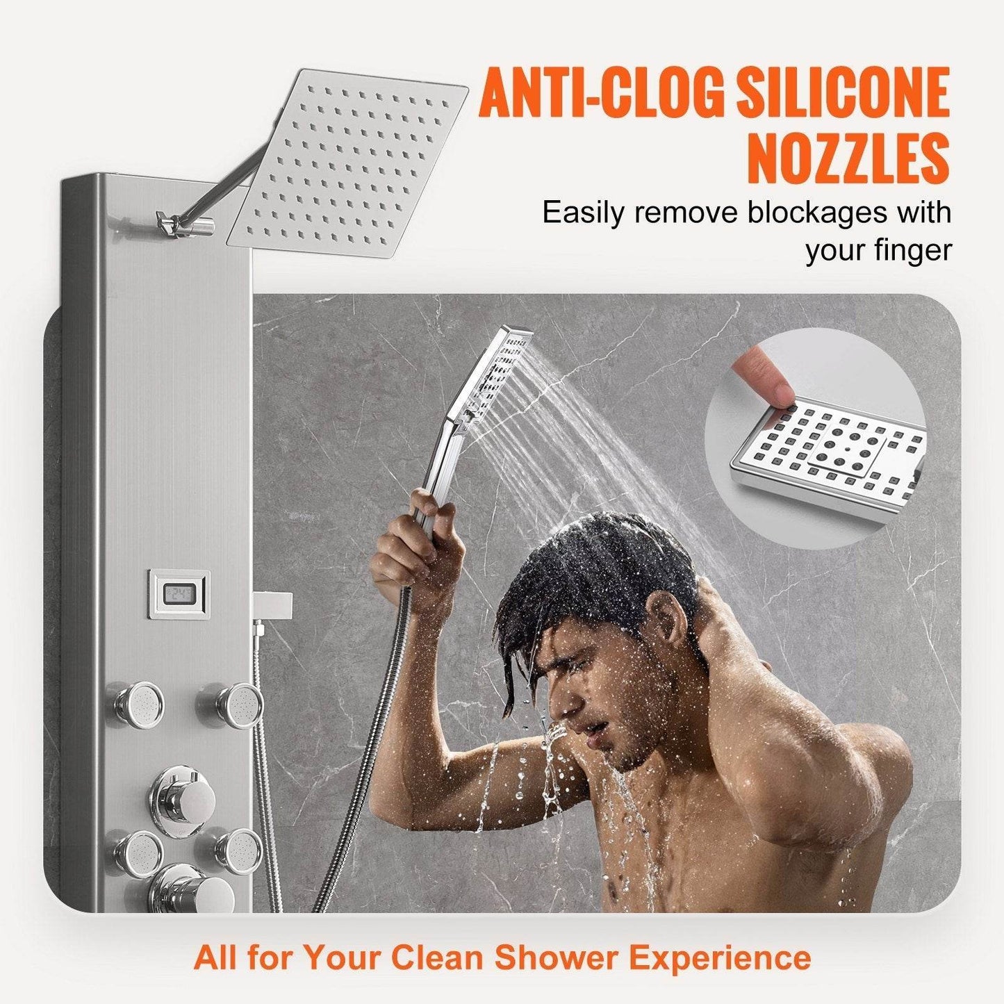 Shower Panel System, 5 Shower Modes, Digital Display Shower Panel Tower, Rainfall, 8 Massage Jets, Tub Spout, 3-Setting Handheld Shower Head 59 Hose, Stainless Steel Wall-Mounted Shower Set - Velora