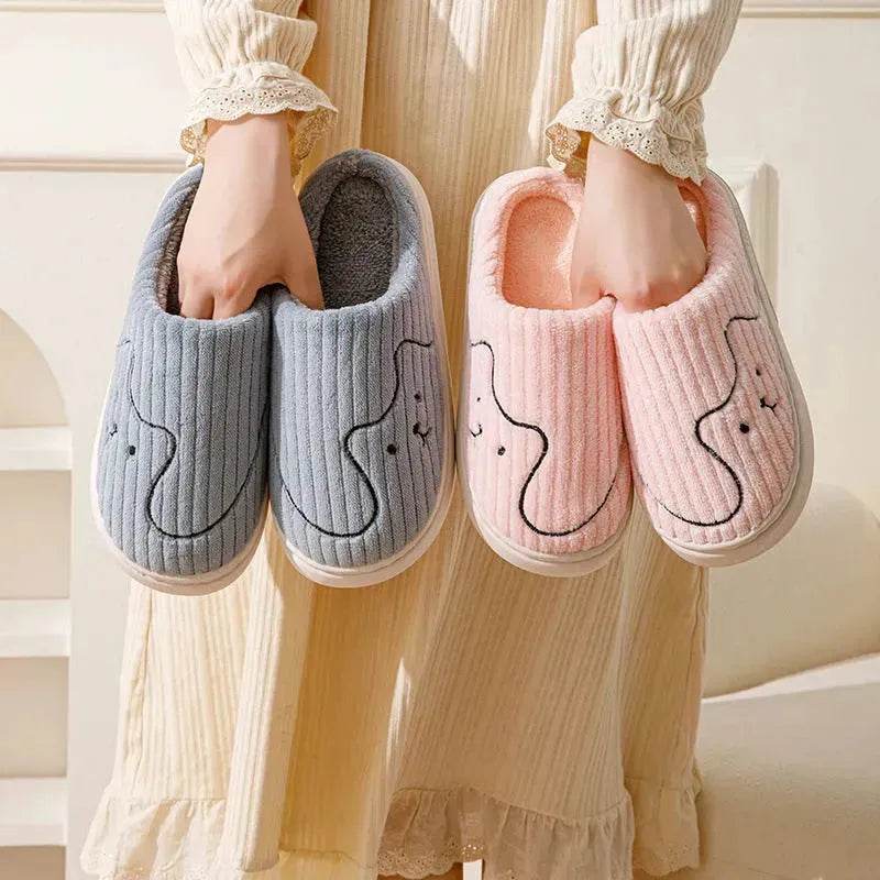 Striped Cat Slippers Indoor Couple Non-slip Floor Bedroom Slipper Winter Warm Plush House Shoes Women Men - Velora