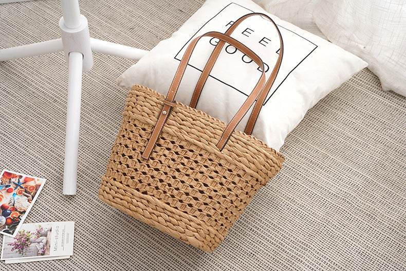 Large Capacity Fashion Urban Simple White Khaki Straw Braided shopper Beach Bag