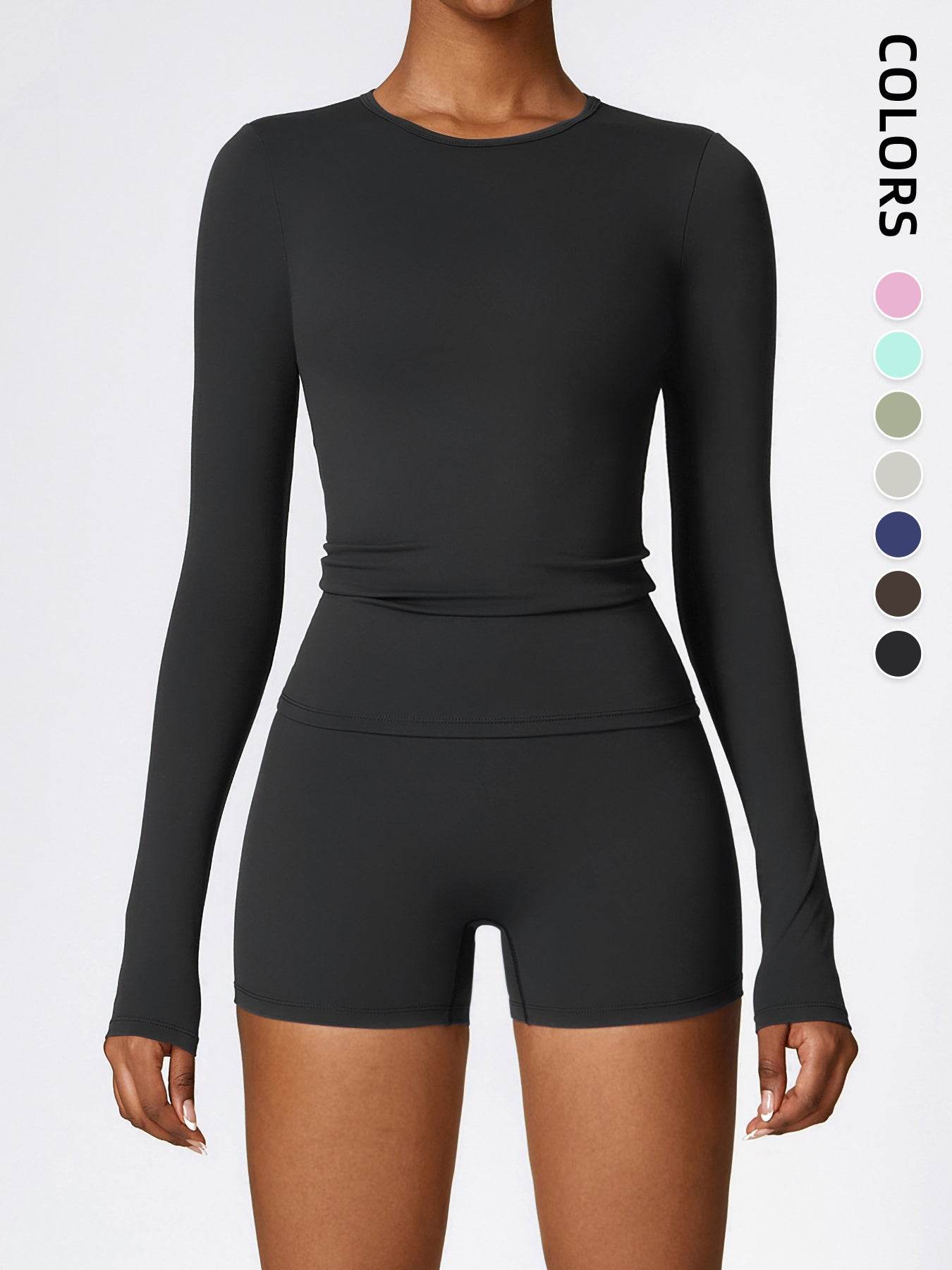 Women's Four Seasons Sports Suit, Women's Long Sleeve Round Neck Sports T-shirt And High Waist Tight Shorts Yoga Suit. - Velora
