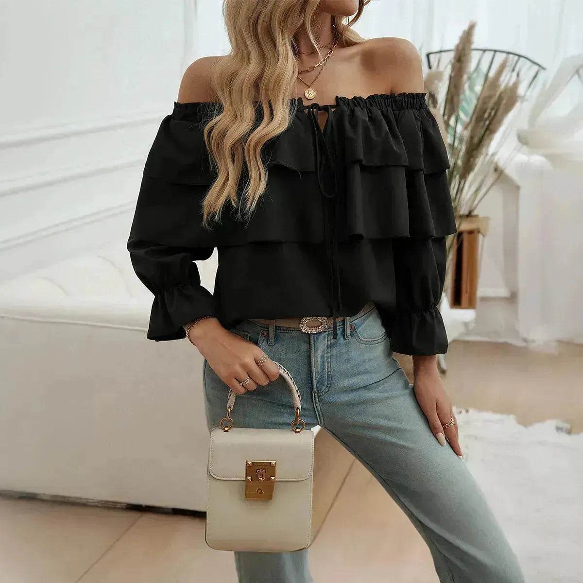 Stylish Casual Evening Top for Women Off-shoulder Bishop Long Sleeve Top - Velora