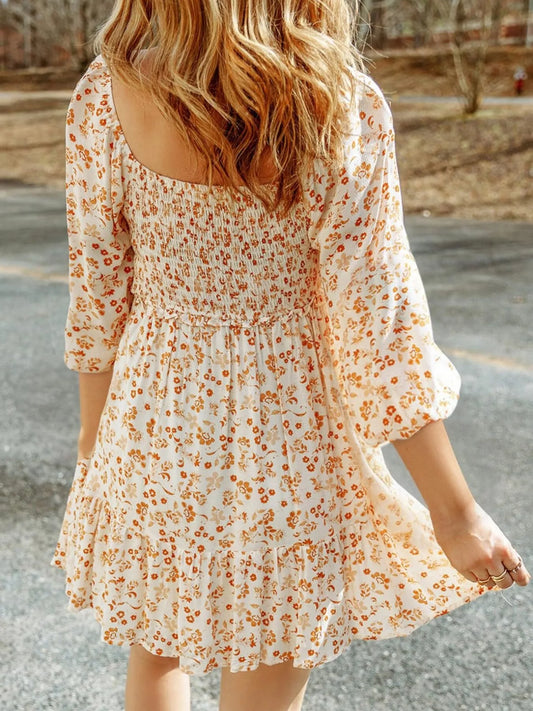 Floral Smocked Square Neck Mini Dress - Velora