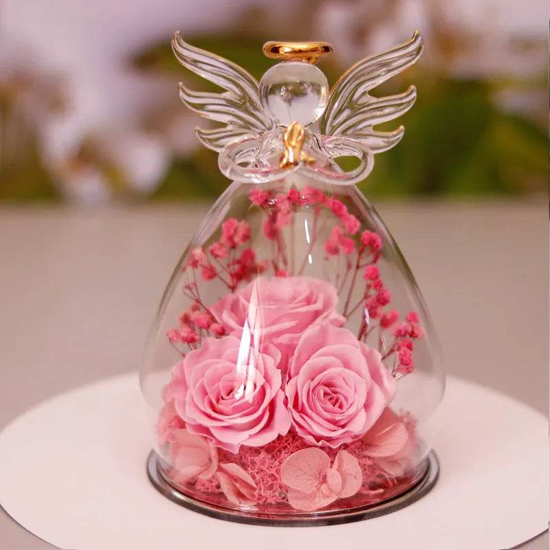 Eternal Flower Gift Box Angel Glass Cover Dried Rose Gift Box For Christmas New Year Valentine's Day Home Decor - Velora