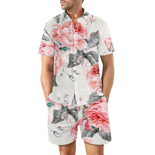 2Pcs Printed Beach Shirt Summer Suit Loose Lapel Button Top And Drawstring Pockets Shorts Casual Short Sleeve Suits For Men Clothing - Velora