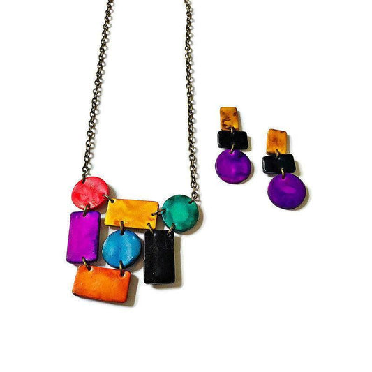 Abstract Geometric Jewelry Set with Statement Necklace & Long Drop Dangles or Clip On Earrings - Velora Luxury Fashion