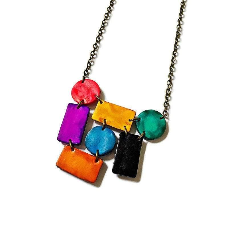 Abstract Geometric Jewelry Set with Statement Necklace & Long Drop Dangles or Clip On Earrings - Velora Luxury Fashion