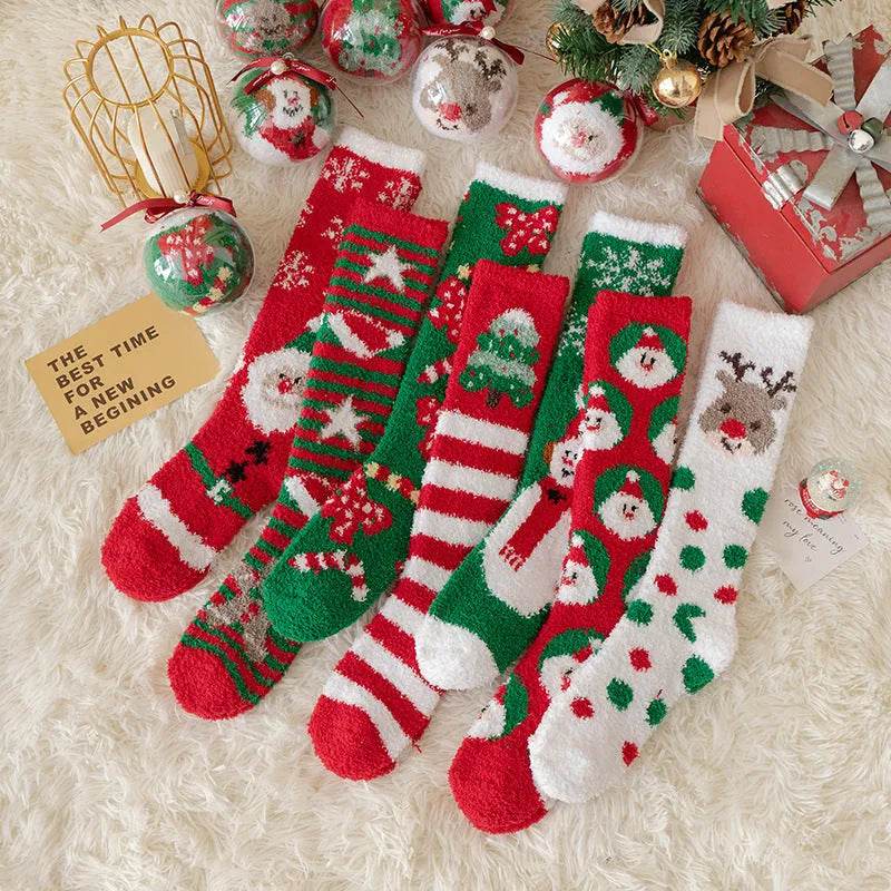 Coral Fleece Stockings Cartoon Thermal Christmas Room Socks - Velora