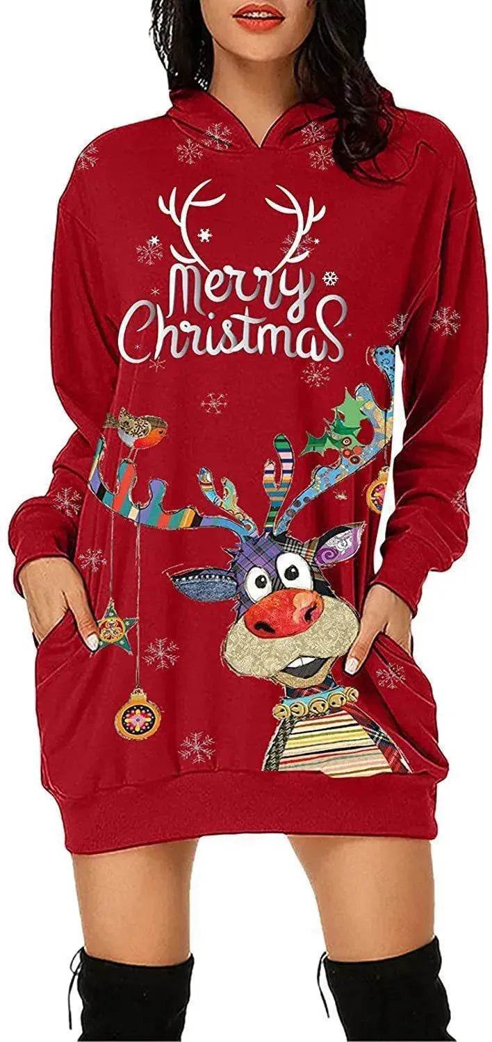 Women's Long-sleeved Christmas Hoodie Sweatshirt Dress Winter - Velora