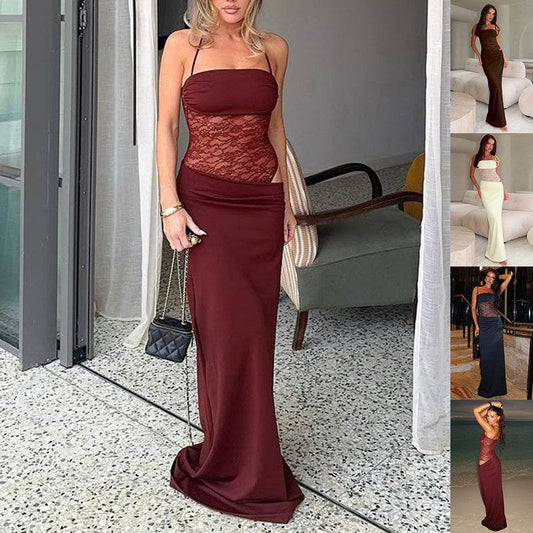 Y2K Lace Suspender Dress Fashion Sexy Lace Long Dresses Party Evening Club Beach Clothing For Women - Velora
