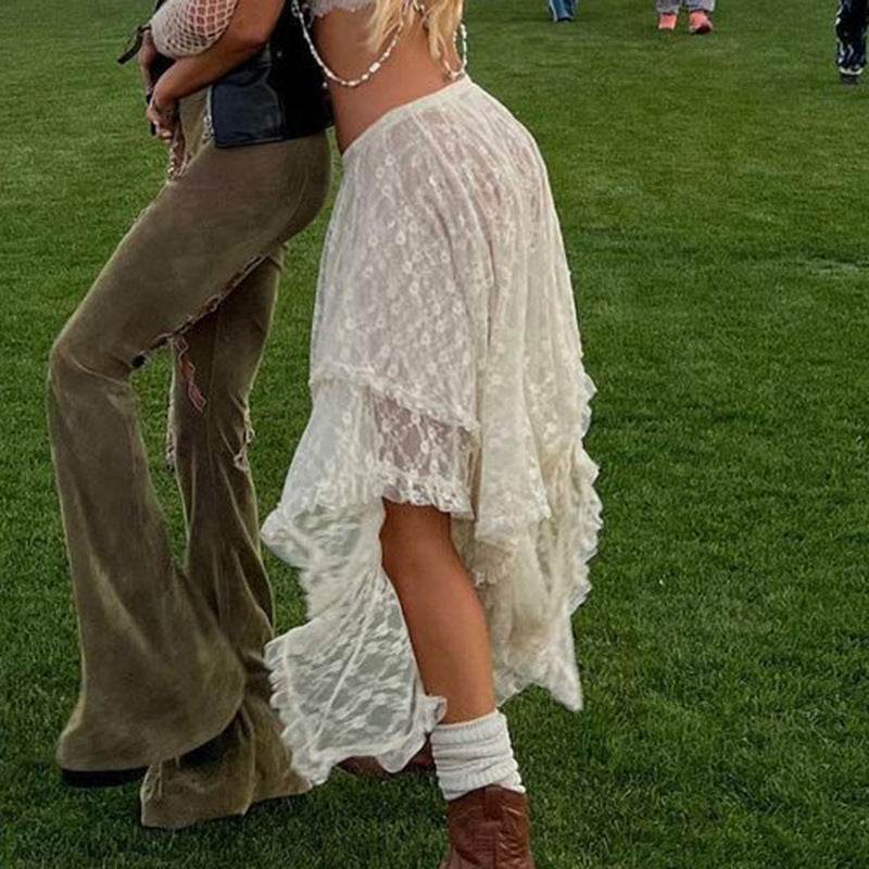 Fashionable Retro Trendy Irregular Midi Lace Skirt - Velora