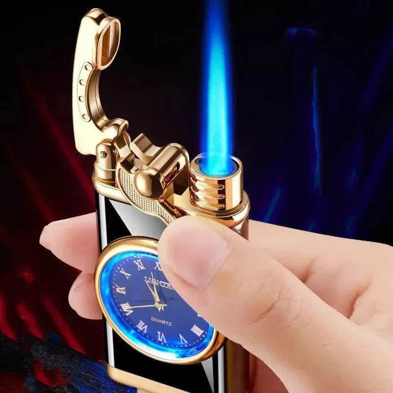 New Lighter With Electric Watch Rocker Arm Automatic Ignition Straight Blue Flame Lighter Creative Real Dial Inflatable Windproof Cigar Lighter Men's Watch Gift