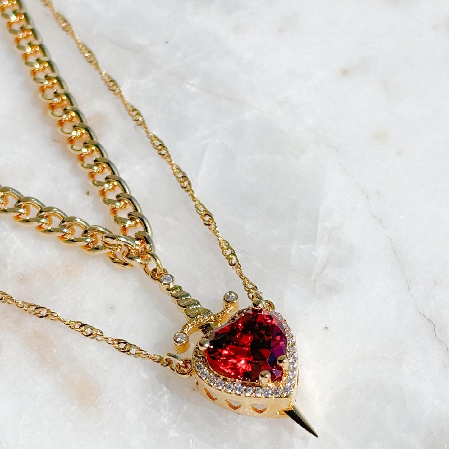 Gothic Punk One Arrow Through The Heart Creative Two Color Couple Necklace Red Rhinestone Heart Dagger Necklace Good Friend Gift Fashion Jewelry - Velora