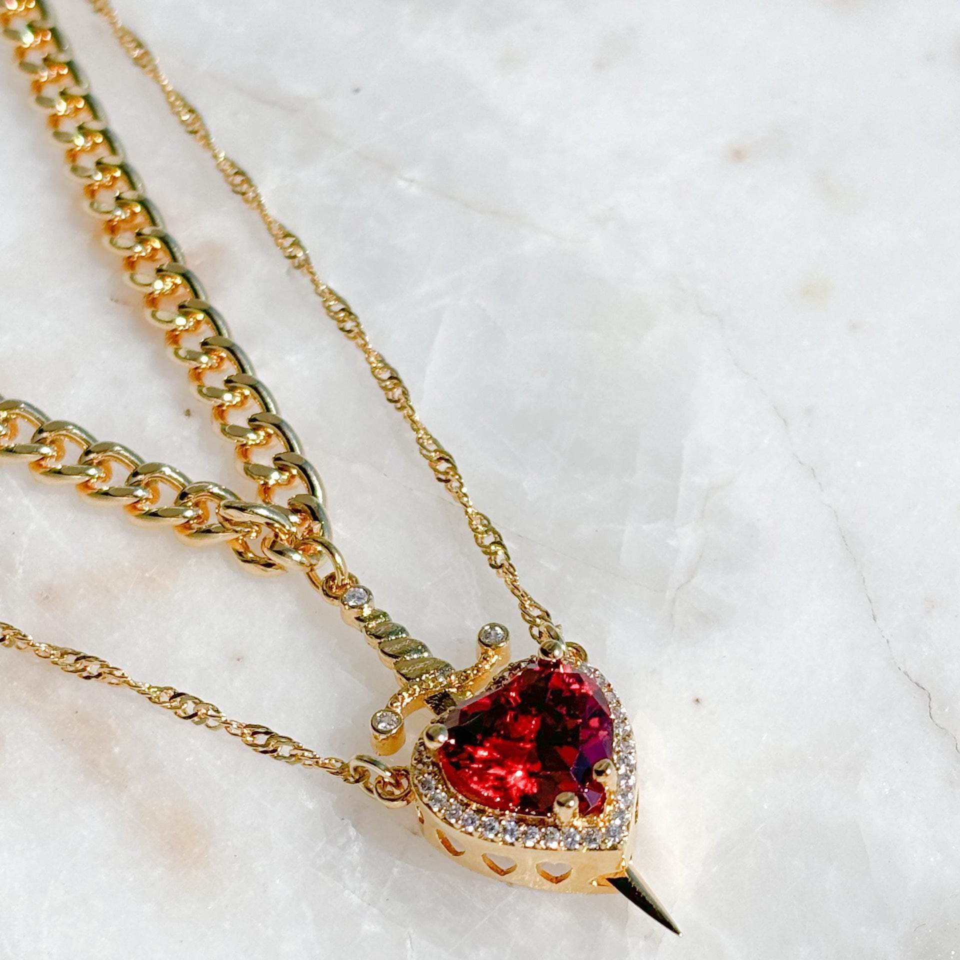 Gothic Punk One Arrow Through The Heart Creative Two Color Couple Necklace Red Rhinestone Heart Dagger Necklace Good Friend Gift Fashion Jewelry - Velora