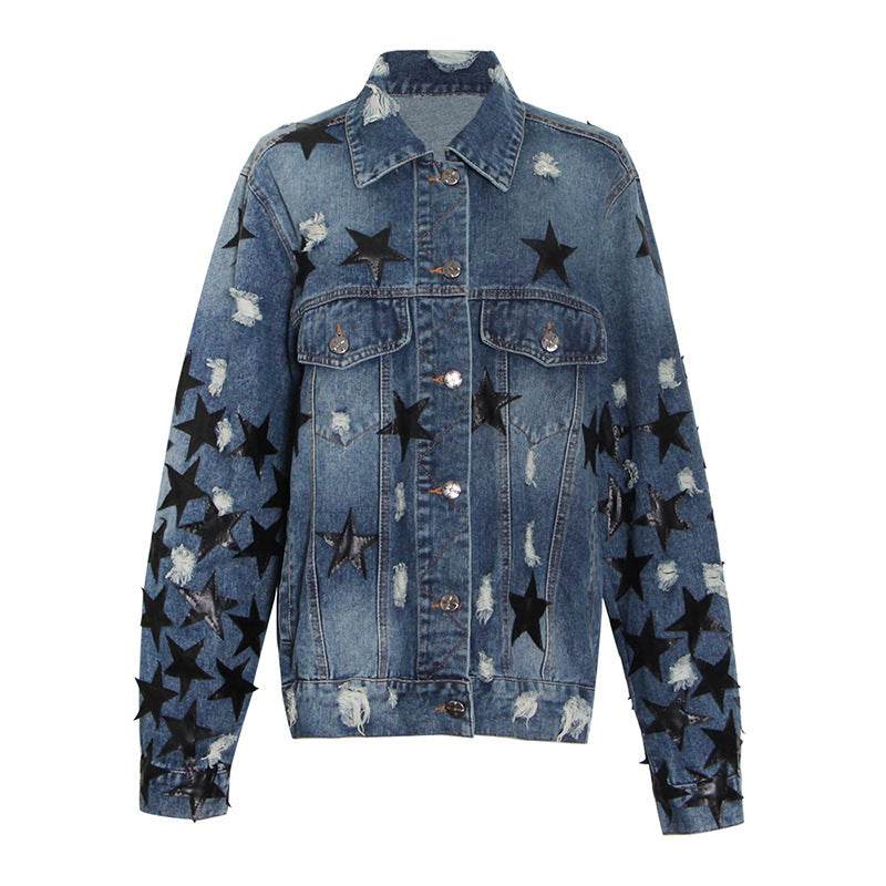 Lapel Star Patch Shredded Single Breasted Denim Jacket For Women - Velora