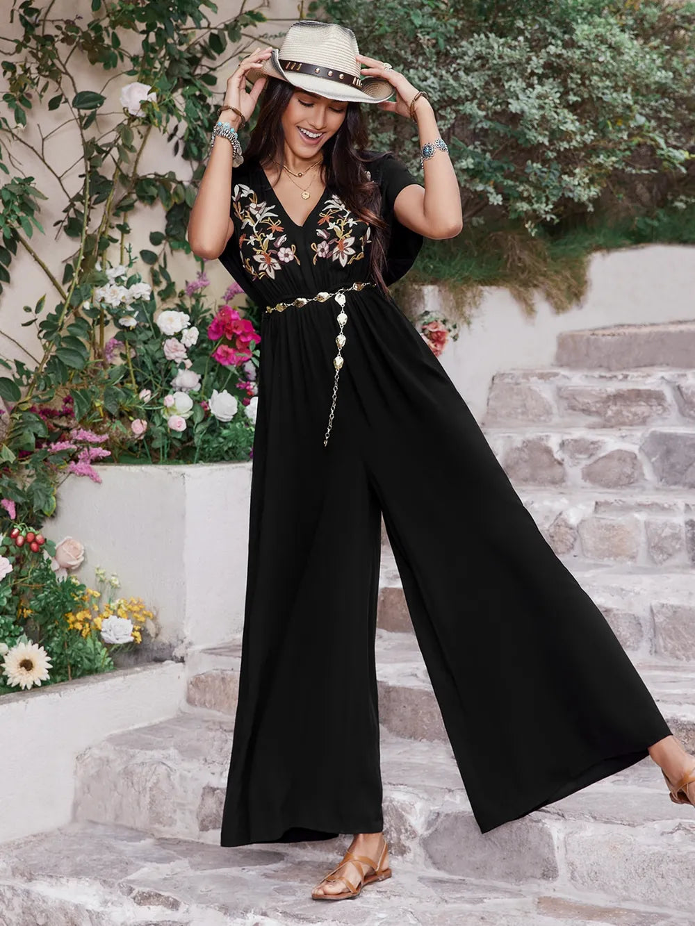 Embroidered Ruched Short Sleeve Jumpsuit - Velora