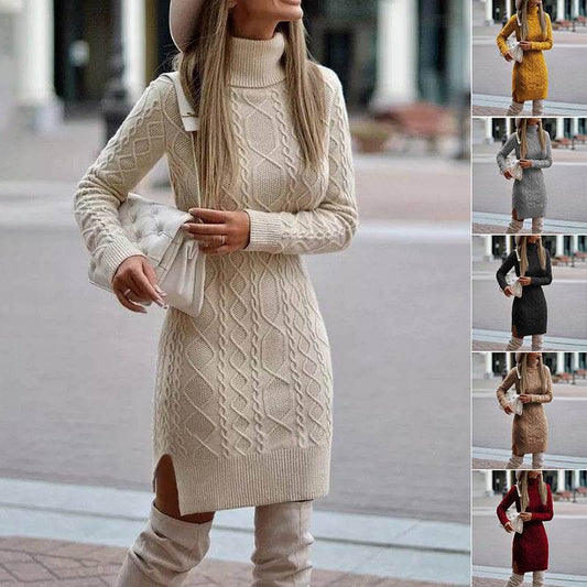 Fashion Turtleneck Knitted Dress With Slit Design Winter Warm Solid Color Pullover Long Sweater Women's Clothing - Velora