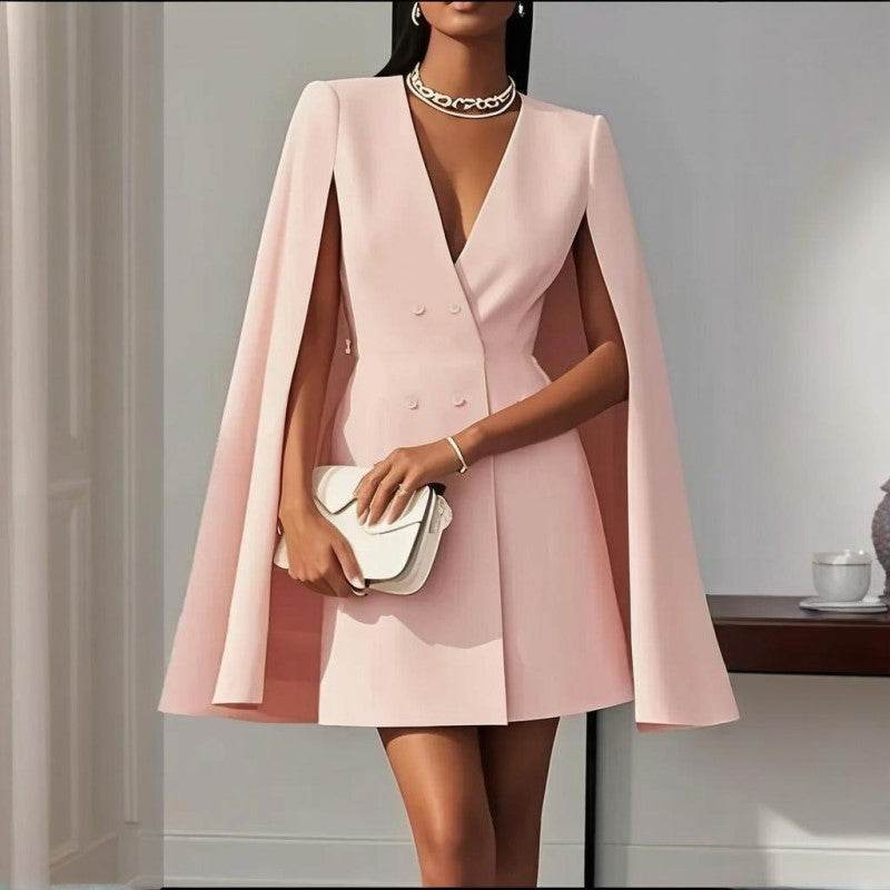Formal V Neck Double-Breasted Mini Cape Sleeve Dress - Velora