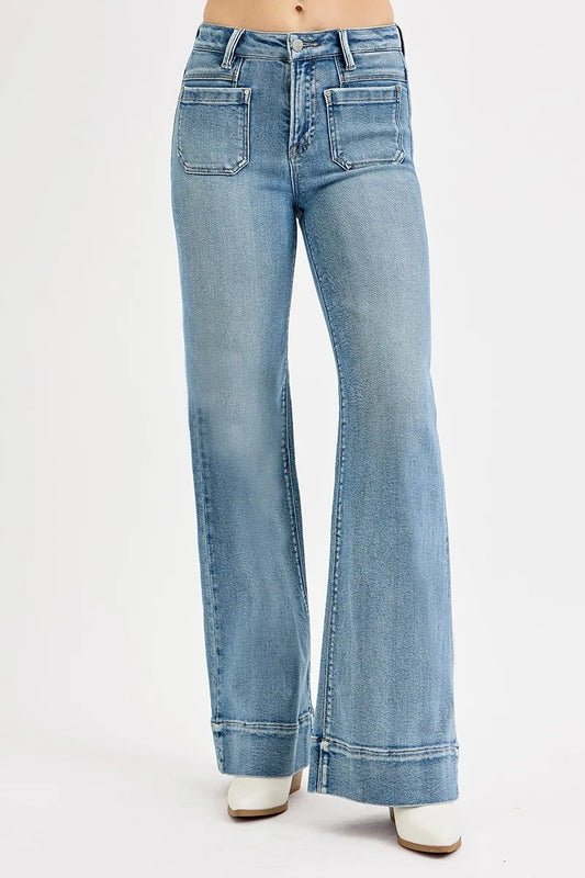 RISEN Full Size High Rise Wide Flare Patch Pocket Jeans Plus Size - Velora