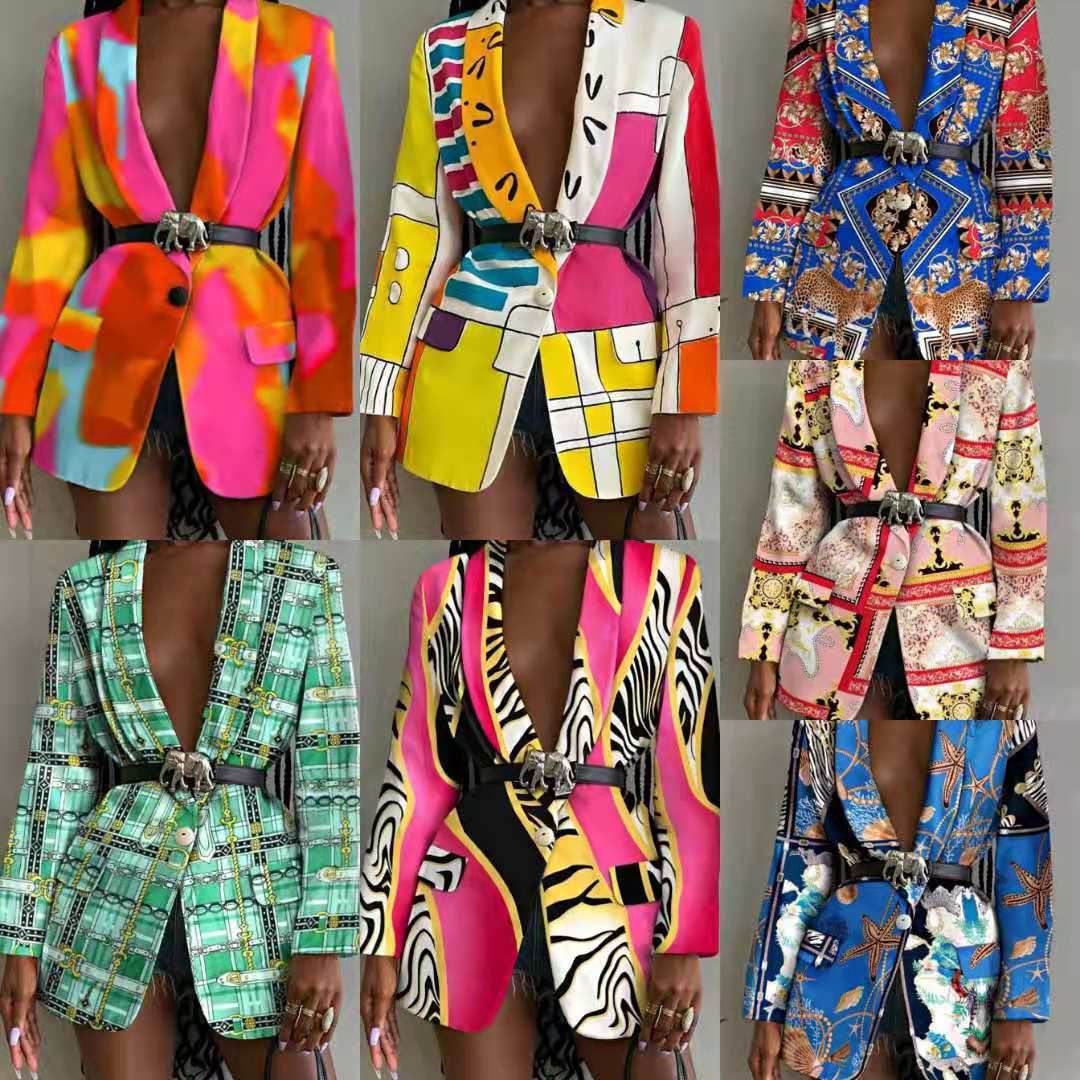 Fashion Printed Shawl Collar Single-breasted Belt Vintage Blazer Women - Velora